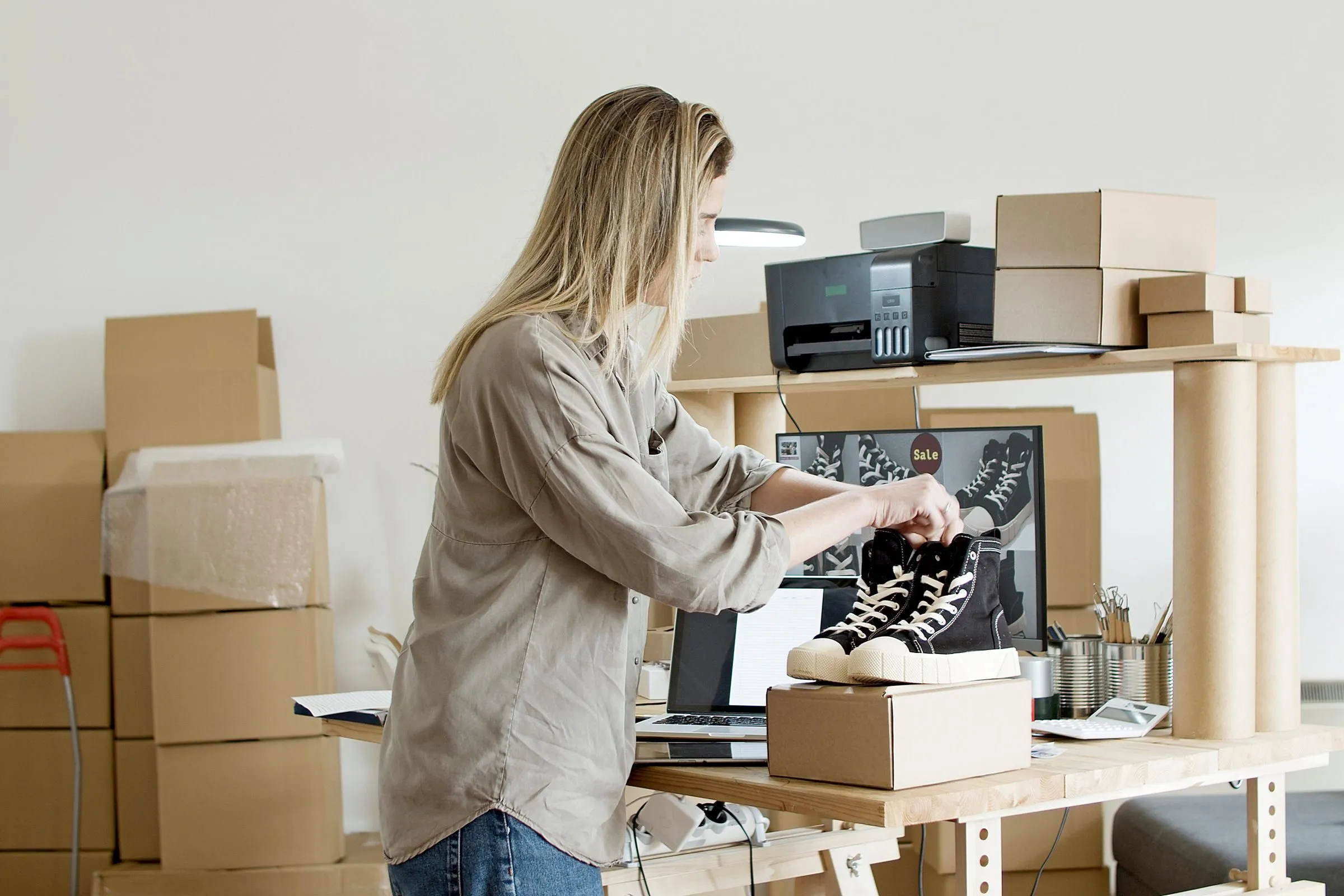 Store owner packing an order — sneakers in a box